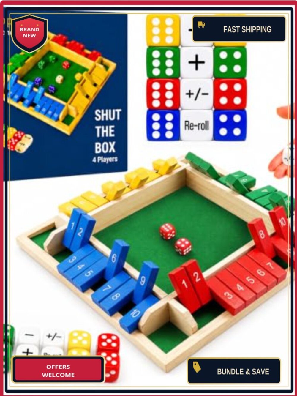 12-Inch Shut The Box Game Wooden Math Dice Game for Family Night Classroom